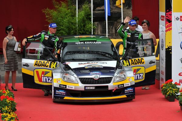 Hayden Paddon and John Kennard, from Geraldine and Blenheim respectively, celebrate third place in the WRC2 category at Rallye Deutschland